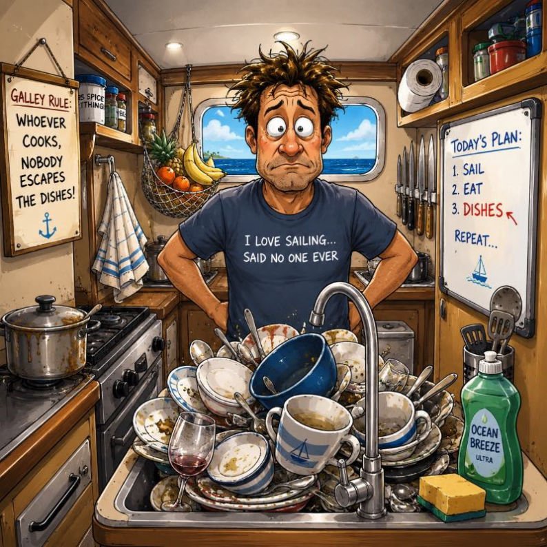 Comical Dishes piled up on a sink