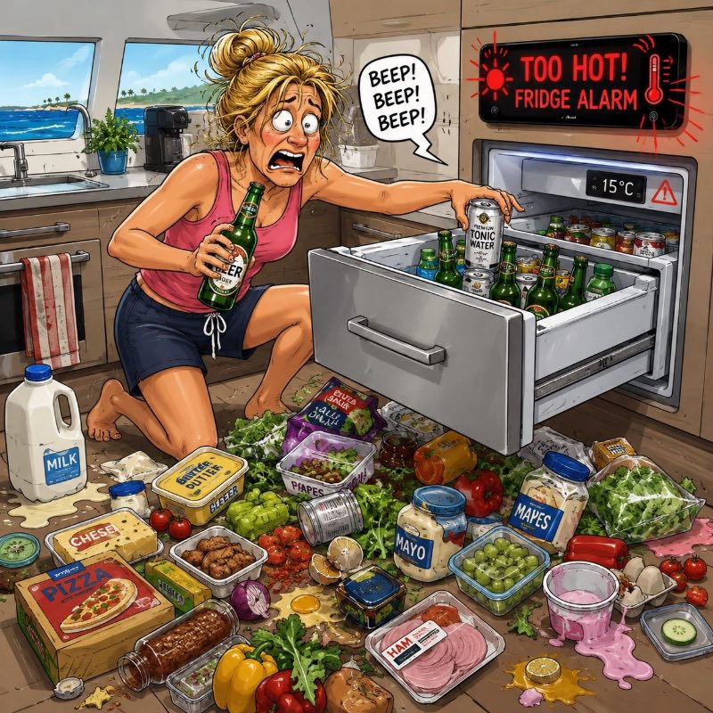 Comical trying to squeeze items into a fridge