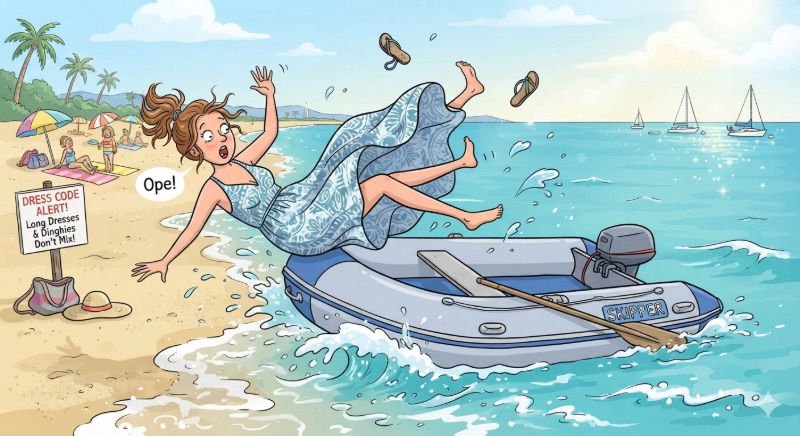 Comical: Lady falling out a dinghy