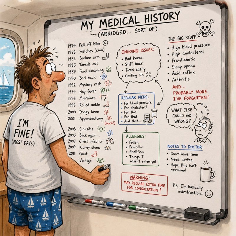 Comical: Man writing his medical history