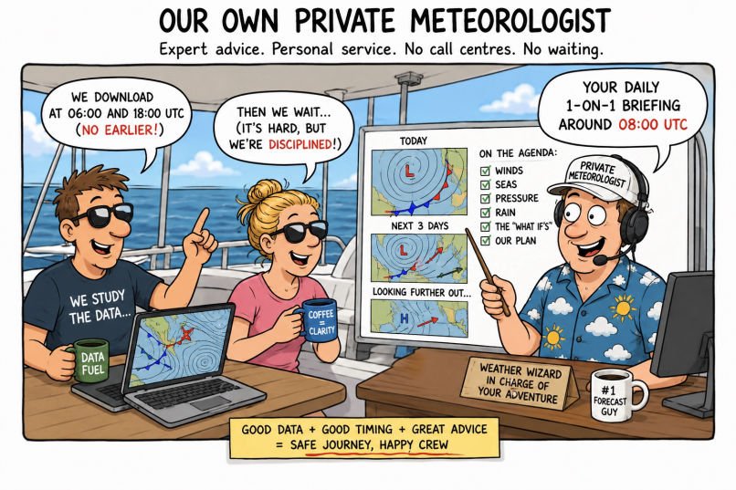 Comical Weatherman conducting private briefing