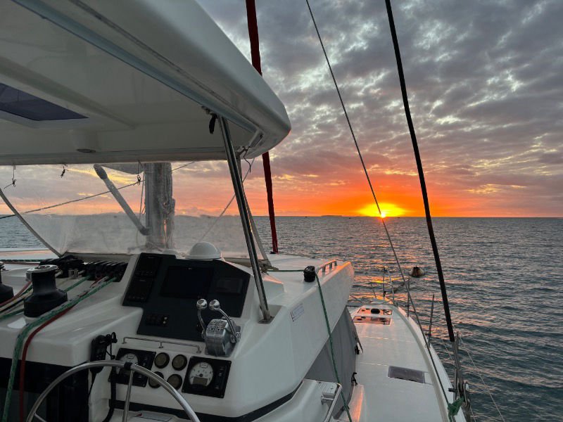 Catamaran Liberty2 at sunset in Fiji