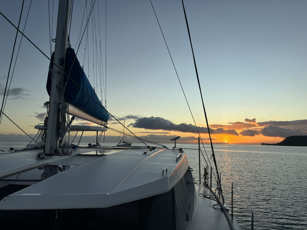 Catamaran Liberty2 at sunset in Fiji