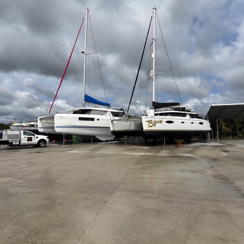 Catamaran Comparisons Leopard 45 vs Fontaine Pajot 48 on the hardstand